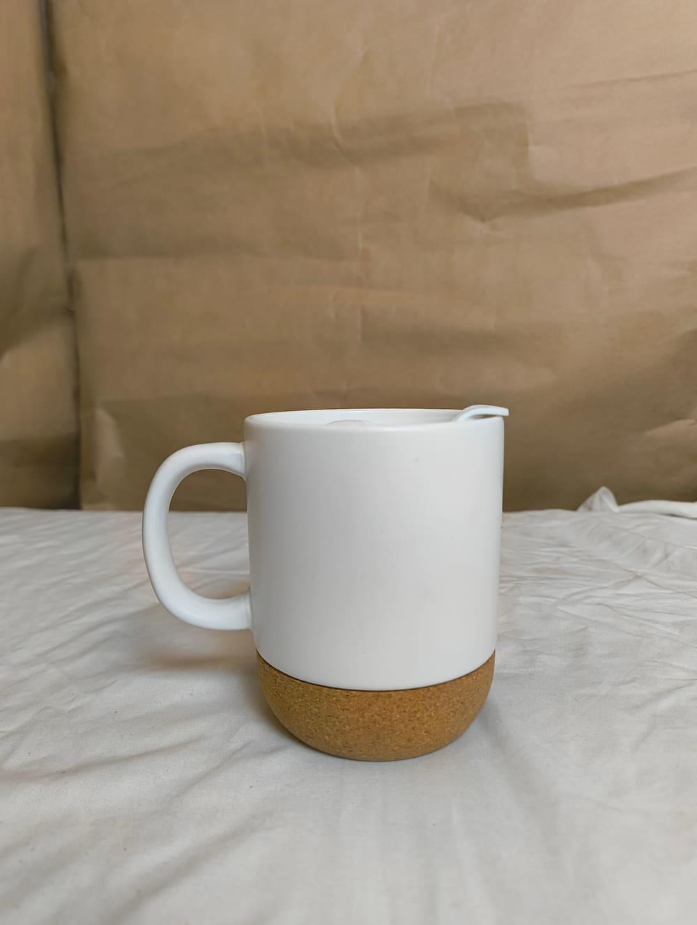 white cork base mug