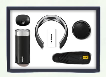 neck massager, tumbler, umbrella, mini speaker, bluetooth earbuds