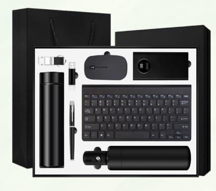 umbrella, temperature bottle, flash drive, pen, keychian, power bank, wireless mouse and keyboard